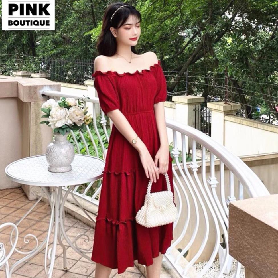 Váy Trễ Vai Dài Đầm Dáng Xòe  Dự Tiệc Bệt Vai Maxi Big Size Đũi Nhăn Thiết Kế PINKBOTIQUE  ྇