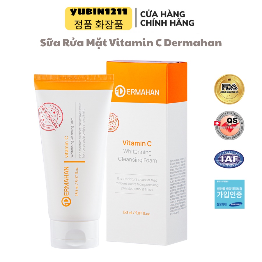 Sữa Rửa Mặt Vitamin C Dermahan Whitening Cleansing Foam 150ml Làm Sạch Dưỡng Sáng Làm Đều Màu Da