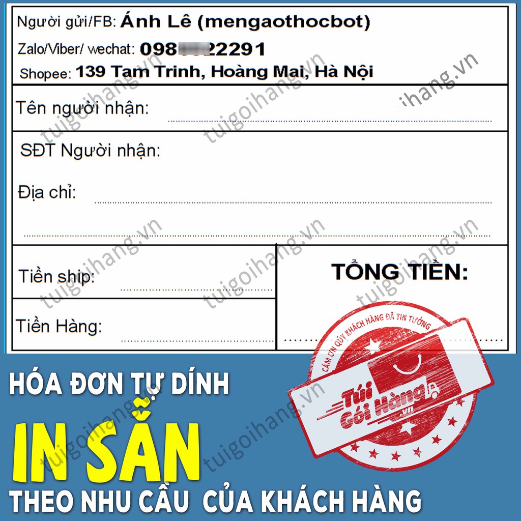 Hóa Đơn In Sẵn Tự Dính TUIGOIHANG Khổ 70x100mm Cuộn 300 Tem In Sẵn Thông Tin Theo Yêu Cầu