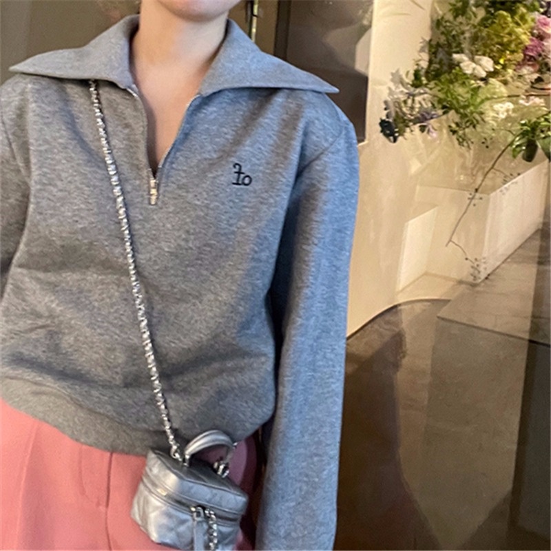 Áo Nỉ Nữ Dài Tay Cổ Bẻ Có Dây Kéo Thêu Hoa Văn Mới