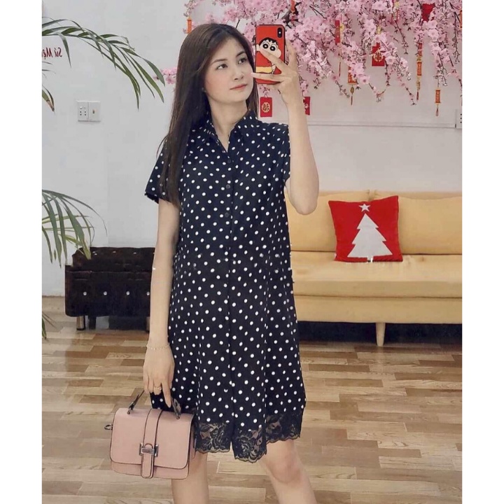 Đầm bầu ngắn tay chân ren M062 chất đũi hàn thời trang thiết kế freesize