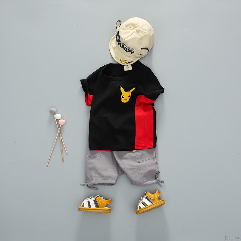 Set Áo Sơ Mi Tay Ngắn Hình Pikachu + Quần Short Thiết Kế Đơn Giản Thời Trang Mùa Hè Dành Cho Bé Trai