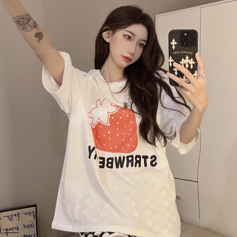 SUXI Áo Thun Ngắn Tay Dáng Rộng In Họa Tiết Trái Cây Đơn Giản Xinh Xắn Cho Nữ