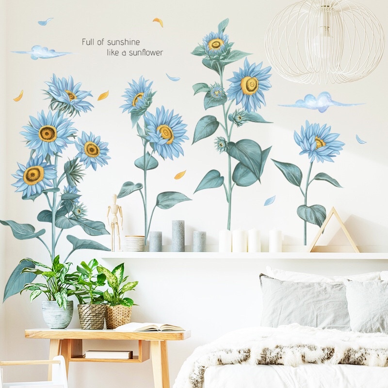 Decal hướng dương xanh phong cách hàn quốc, sẵn keo dán