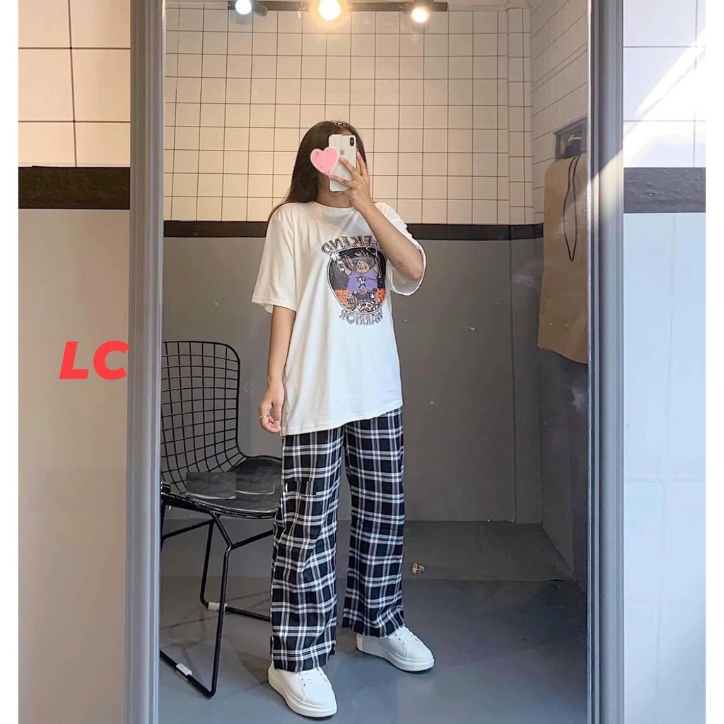 Set weekend quần kẻ kèm áo thun form rộng tay lỡ oversize - Bộ đồ ngủ mặc ở nhà, culottes suông ống rộng sớ chun Ulzzang