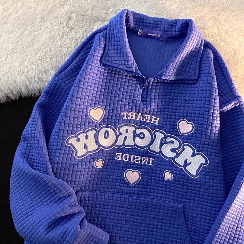 Áo Sweater Khoá Kéo Cổ Polo vải vuông nổi thêu chữ cute Xanh/Trắng