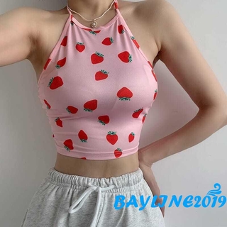 Áo Lửng Hai Dây In Họa Tiết Trái Dâu Xinh Xắn Dành Cho Nữ