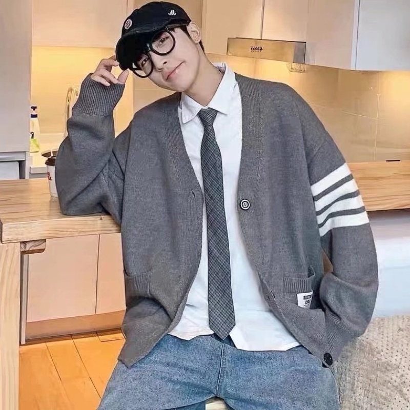 Áo khoác cardigan dệt kim dáng rộng họa tiết kẻ sọc thời trang Hàn Quốc đơn giản cho nam