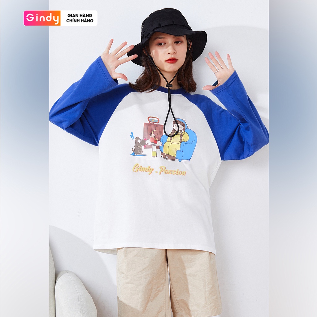Áo thun phông dài tay nữ GINDY form rộng xuân hè in hình cổ tròn vải cotton 100% co dãn 4 chiều A051