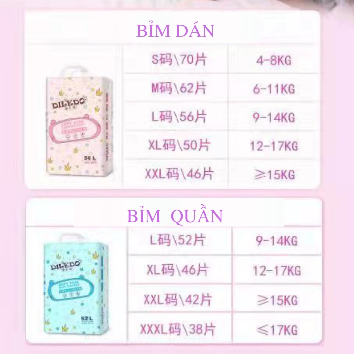 Tã/bỉm dán DILEDO  S70/M62/L56/XL50/XXL46 siêu mềm mỏng, thấm hút tốt, an toàn cho da bé