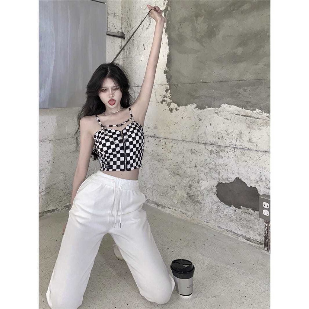 Jiashucheng Áo Yếm Ngắn Hai Dây Ôm Dáng Họa Tiết Kẻ Caro Phối Khóa Kéo Ngoài Dễ Phối Đồ Thời Trang Mùa Hè Cho Nữ Cha