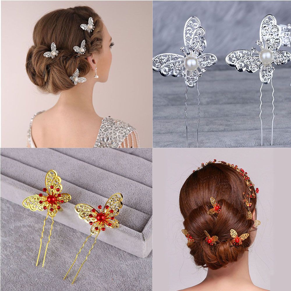Kẹp tóc kim loại hình bướm đính hạt ngọc trai giả