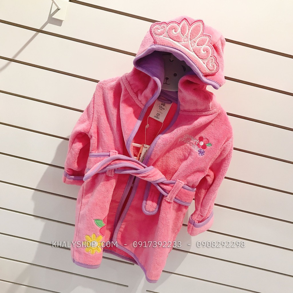 Áo khoác tắm lông mịn trẻ em hình logo thêu Princess màu hồng size (6-9M) cho bé gái 3 tuổi ( MỸ US-UK) - AKTPNC