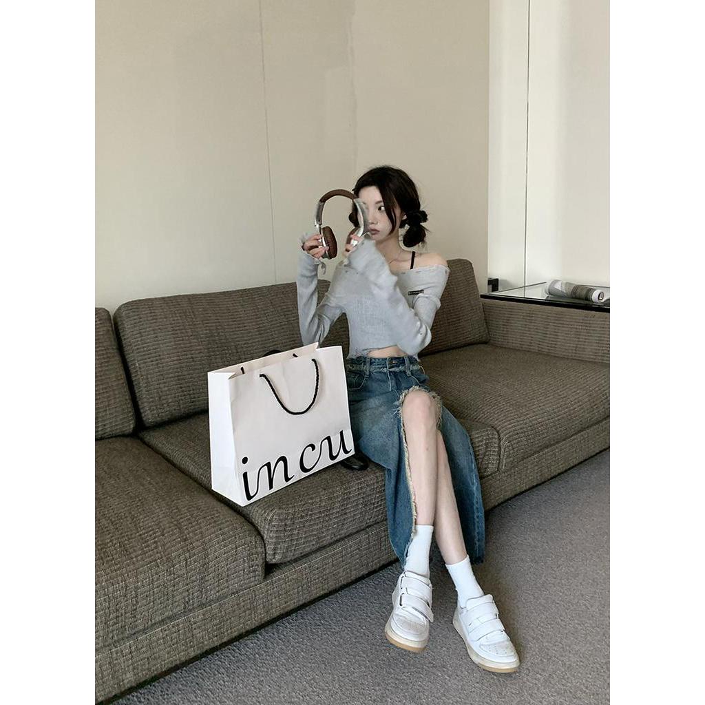 Chân váy jean Lưng Cao Xẻ Tà Phong Cách retro Dành Cho Nữ