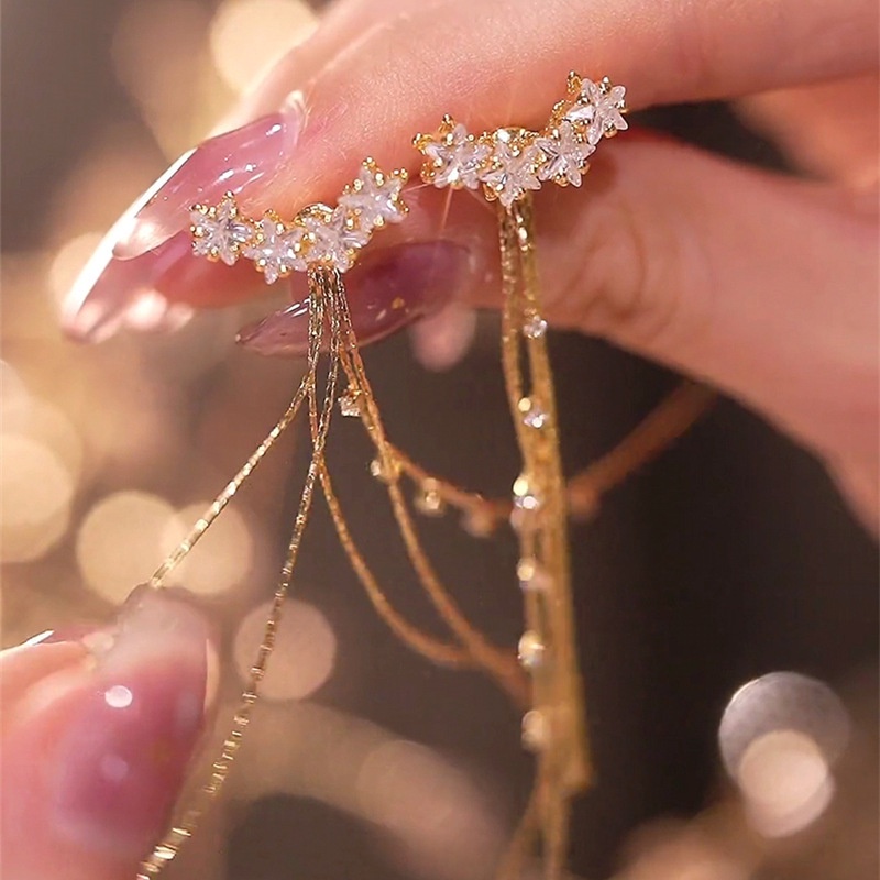 Bông Tai Mạ Bạc 925 Dáng Dài Đính Đá Zircon Phong Cách Hàn Quốc