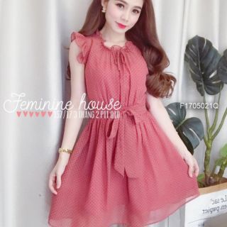 Đầm voan bi cổ viền bèo tay cánh tiên dây cột nơ eo