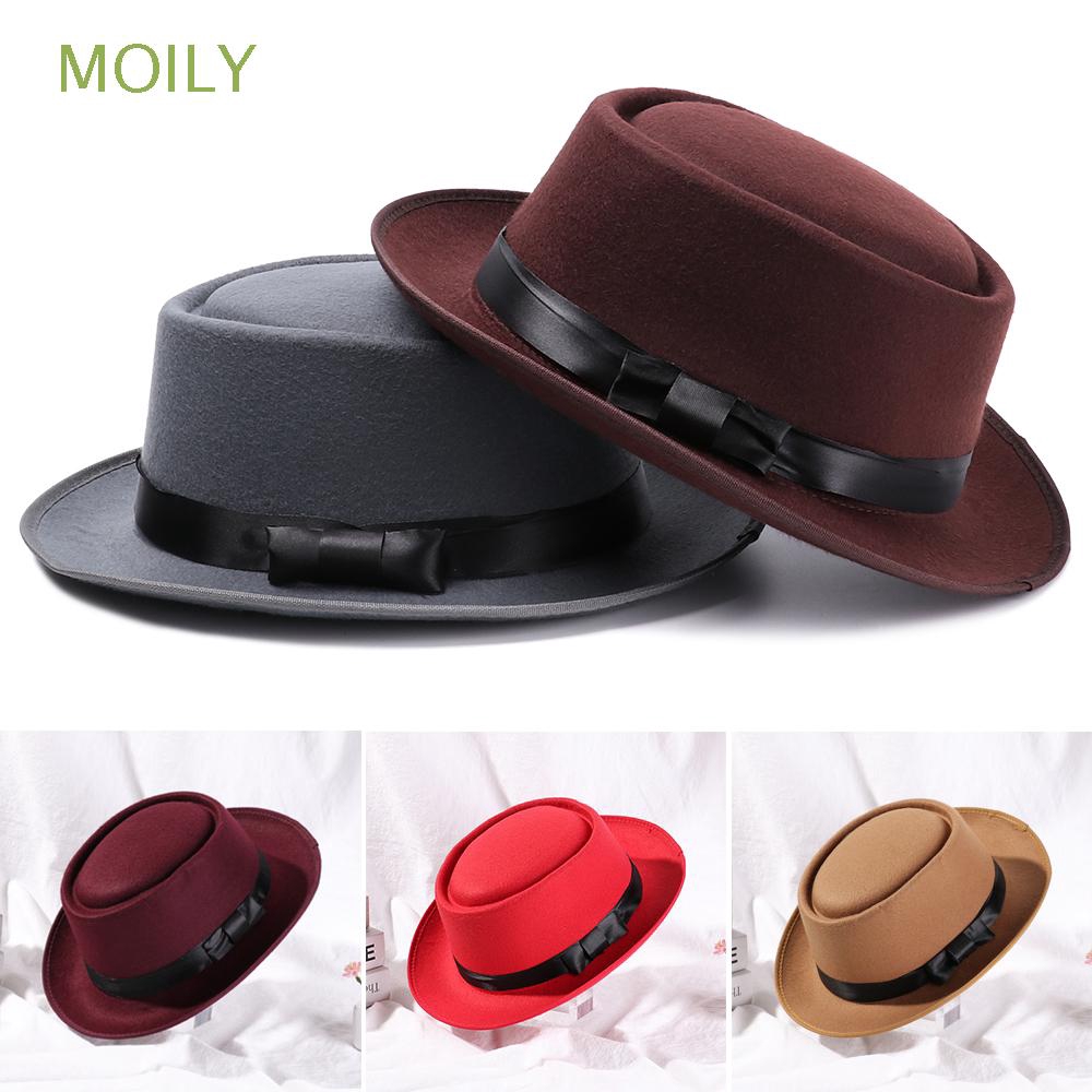 MOILY Vintage Woolen Fedora Hat Wide Brim Flat Top Jazz Cap Panama Winter Cowboy Hat