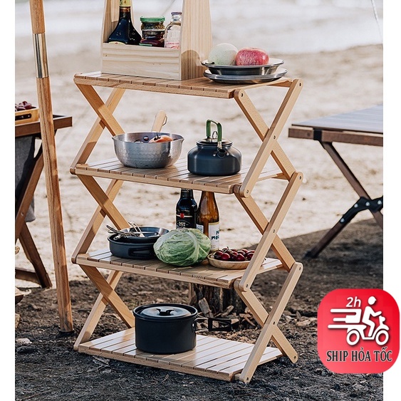 Kệ tab gỗ để đồ du lịch dã ngoại- Kệ gỗ 4 tầng chữ X đa năng gấp gọn để nhà bếp, ngoài trời chịu lực tốt 100kg