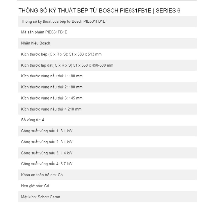 Bếp từ BOSCH 4 vùng nấu PIE631FB1E Serie 6