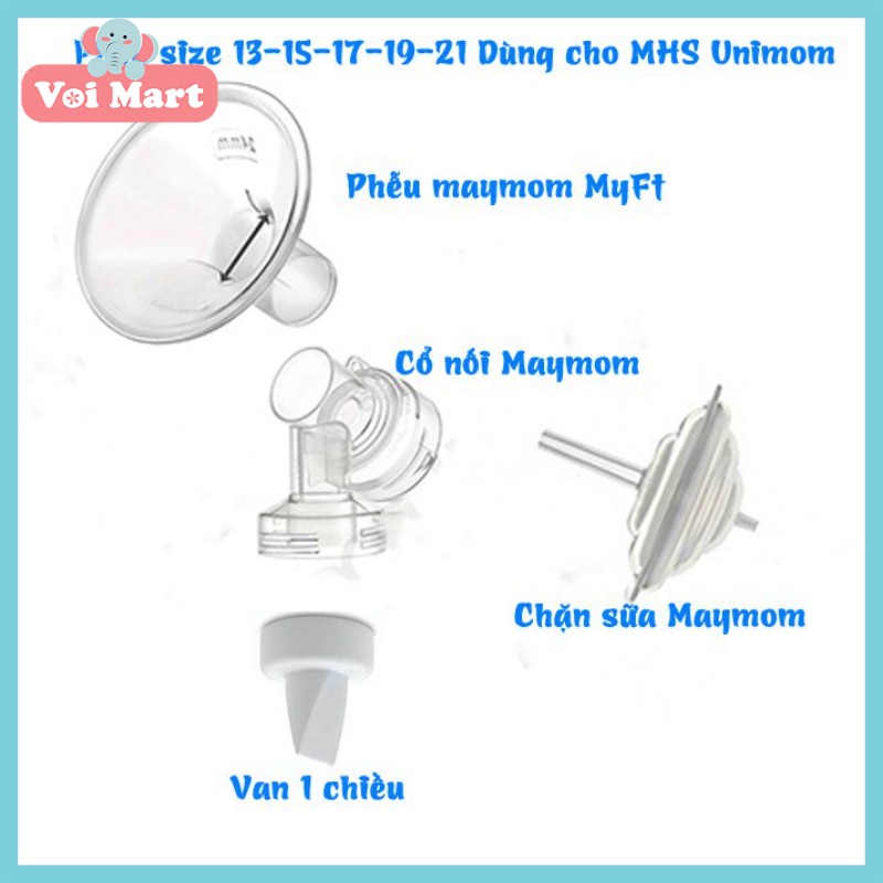 UNIMOM Bộ phụ kiện phễu hút sữa size 13 15 17 19 21mm Maymom dùng cho các máy như Unimom, Realbubee