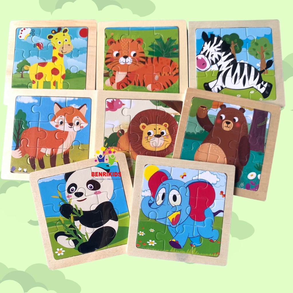 Tranh Xếp Hình 9 Mảnh Chủ Đề Động Vật Trong Rừng Size 11x11cm