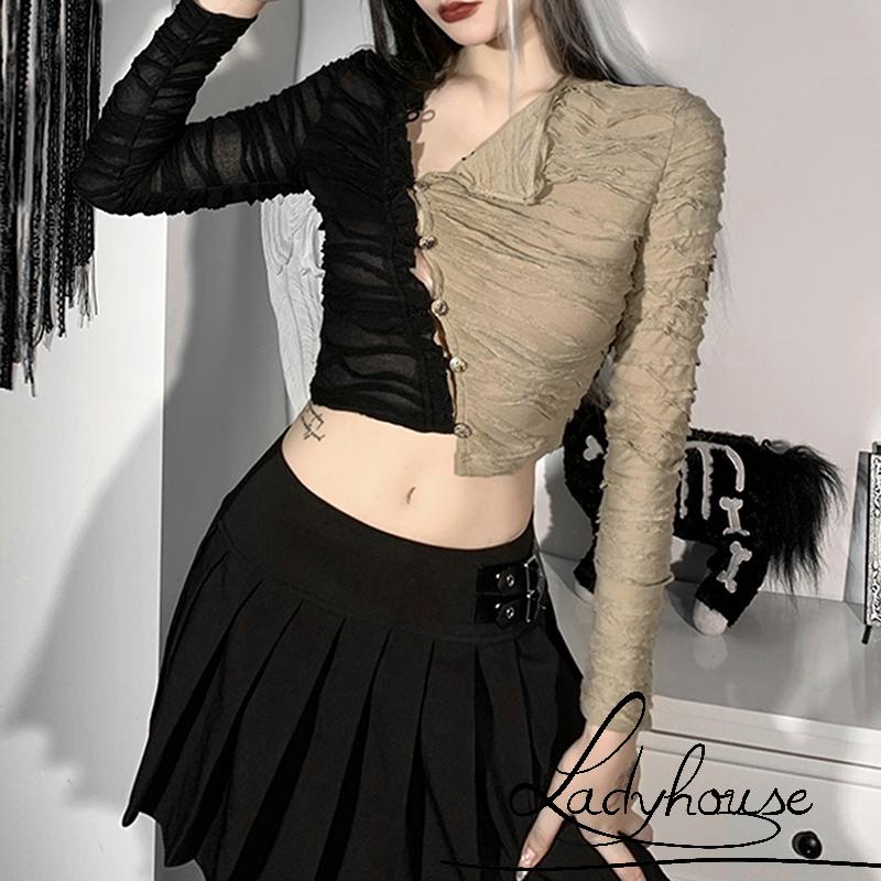Áo Croptop Tay Dài Xếp Ly Một Hàng Nút Màu Sắc Tương Phản Cho Nữ
