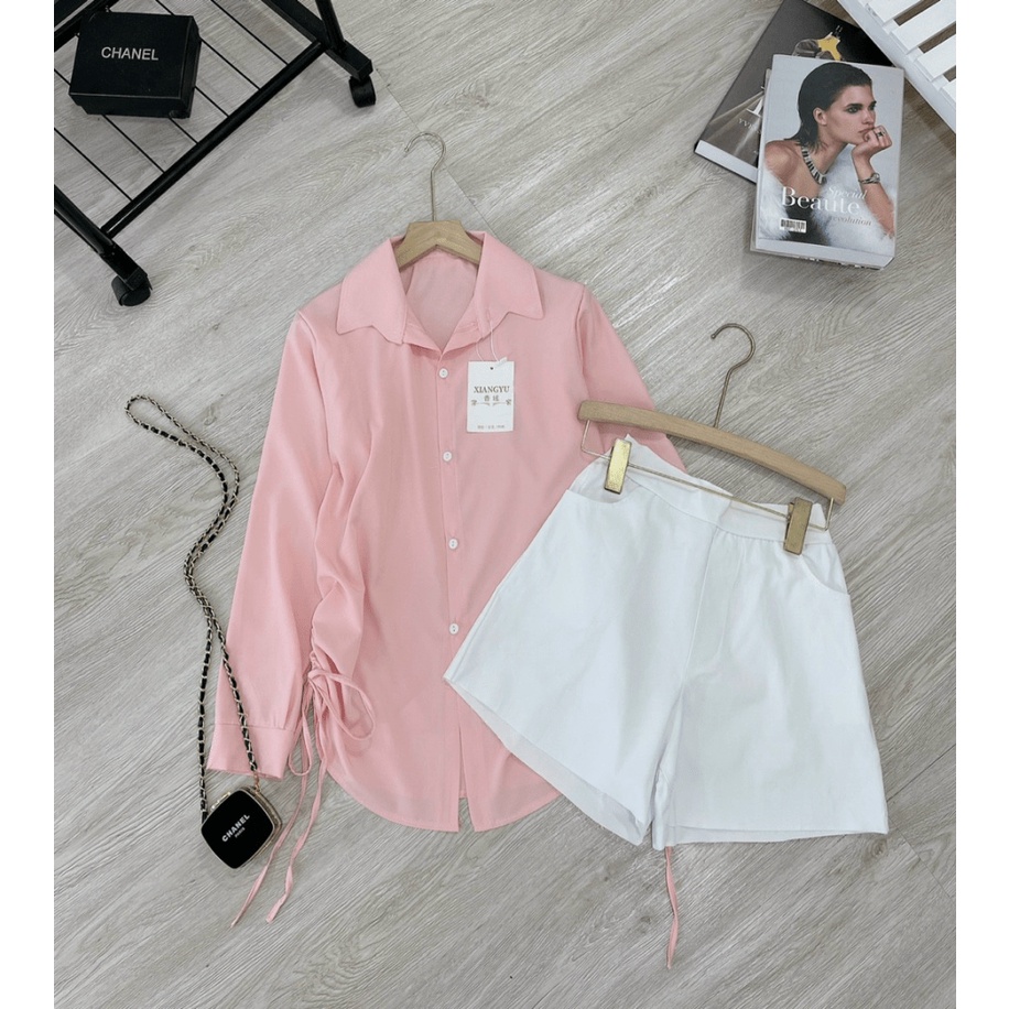 SET Sơ Mi Nữ Dây Rút Hồng kèm Quần Đùi Trắng Chất Đẹp Mát Thích Hợp Đi Chơi Điệu Đà [NEW UNISEX]
