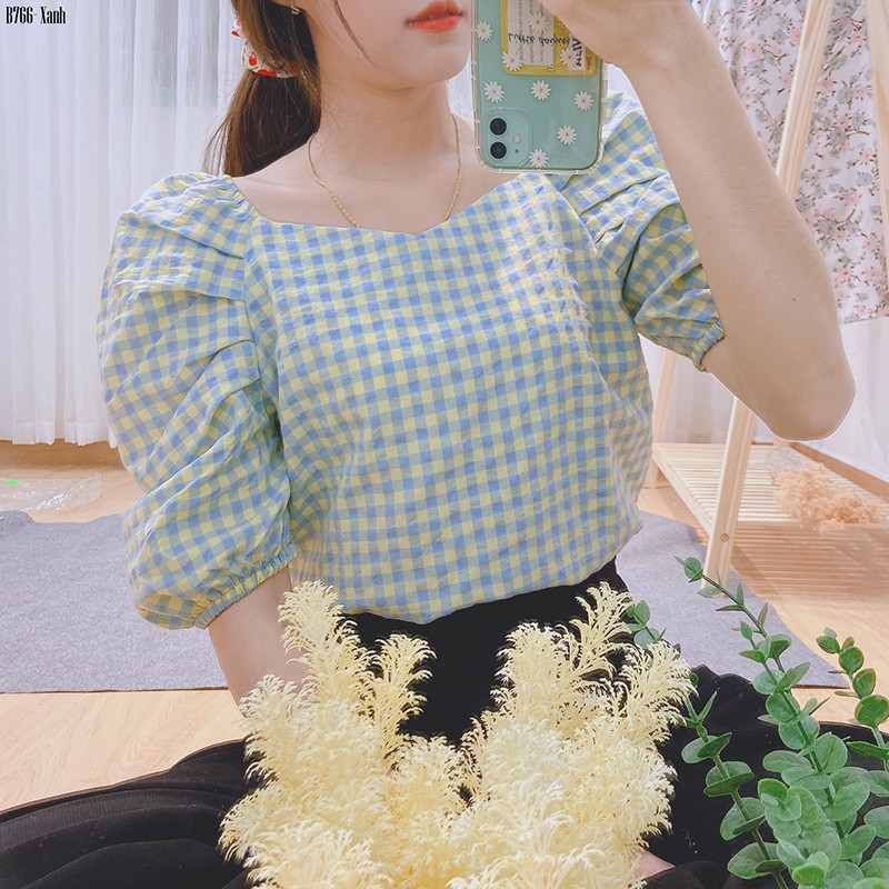 B766- Áo SM Caro tay xếp ly bồng