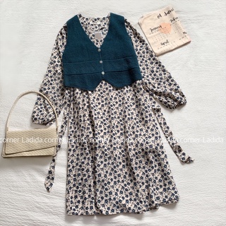 Set áo len váy hoa vintage ladida hàn quốc