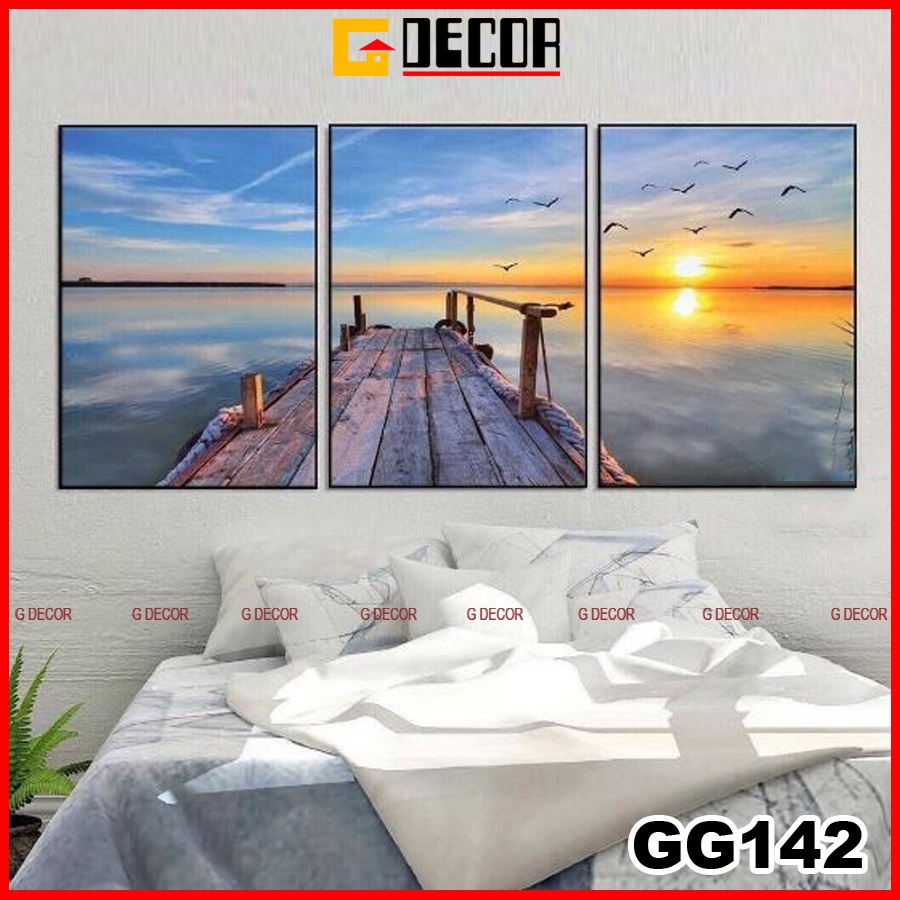 Tranh treo tường canvas khung gỗ 3 bức phong cách hiện đại Bắc Âu tranh phong cảnh trang trí phòng khách phòng ngủ 142