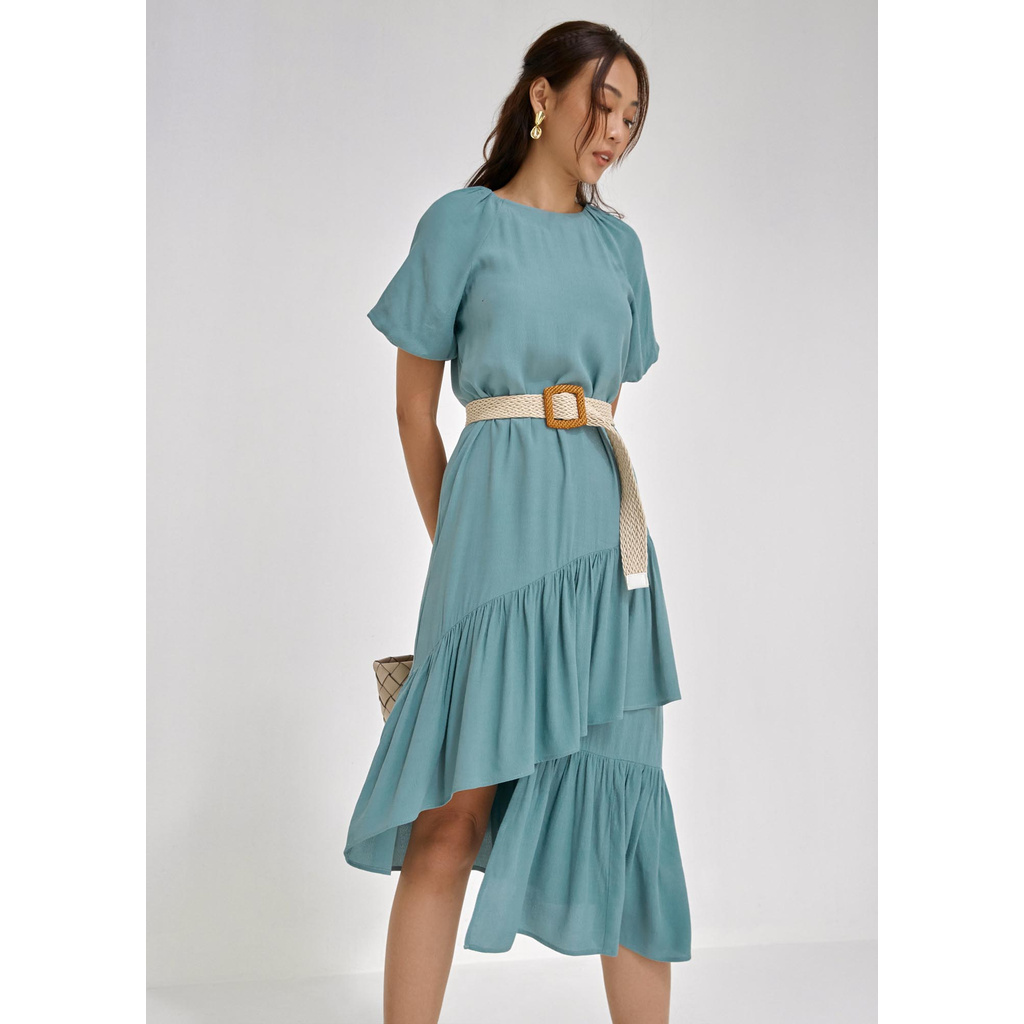 Đầm maxi tà chéo nữ YV LE & CO vải xô hàn màu xanh thanh lịch