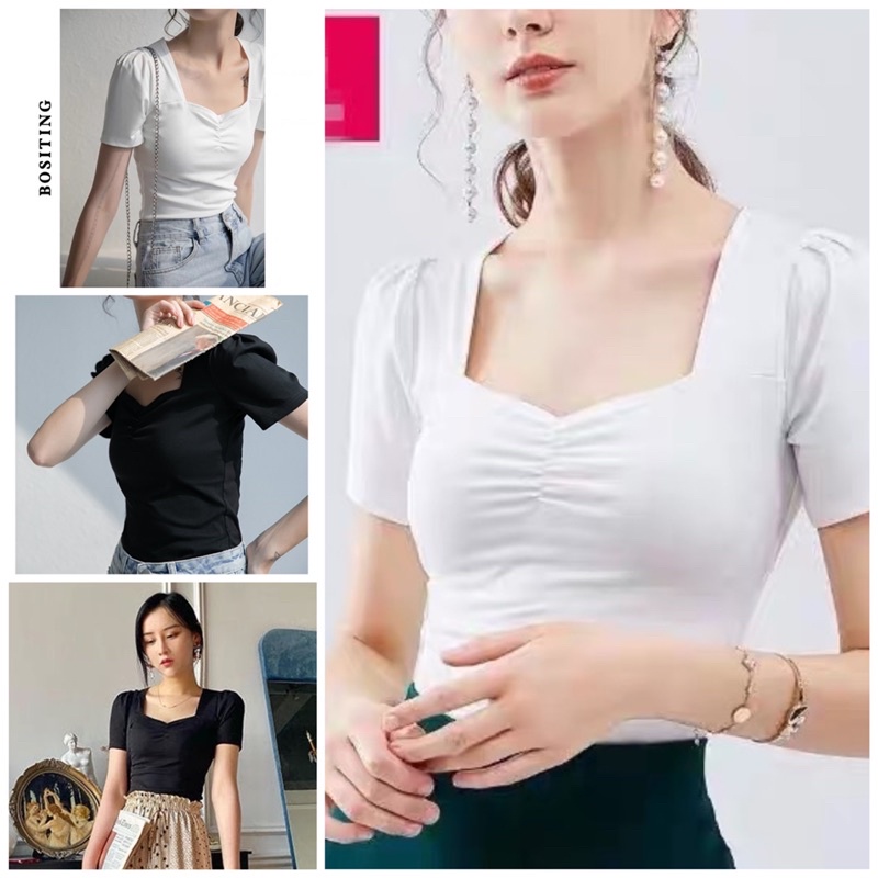 CÓ SẴN Áo thun cổ vuông tay bồng