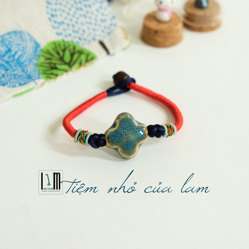 Vòng tay handmade hạt gốm dẹp unisex dây bện thủ công size ~19cm