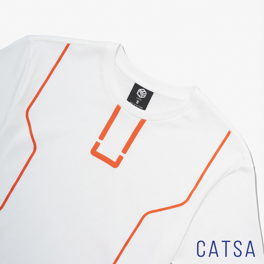Áo thun trắng in viền cam, viền xanh S.Oversize cotton chống nhăn, thoáng mát CATSA ATN303-304