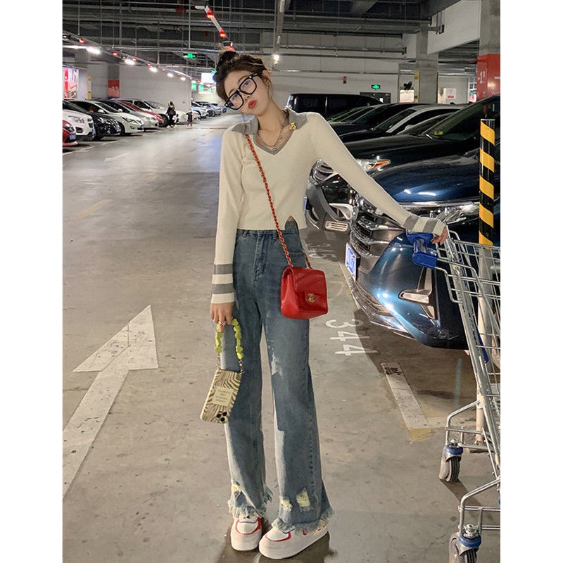 Jiashucheng Quần Jean Rách Lưng Cao Phối Tua Rua Rách Đường Phố Mùa Xuân Hè Cho Nữ