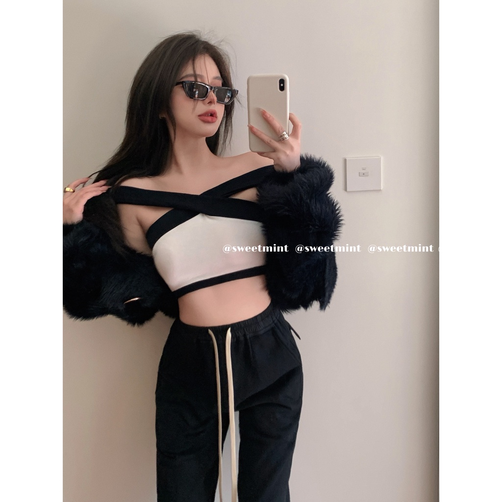 HUANG YOYO Áo Lửng Cổ Yếm Phong Cách Hàn Quốc Thời Trang Cho Nữ