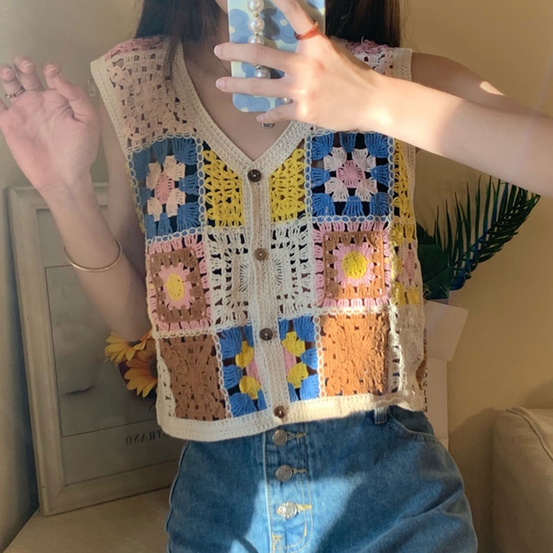 Brroa Áo Crop Top Không Tay Thêu Hoa Rỗng Kiểu Pháp Ngọt Ngào Dễ Phối Đồ Thời Trang Mùa Hè