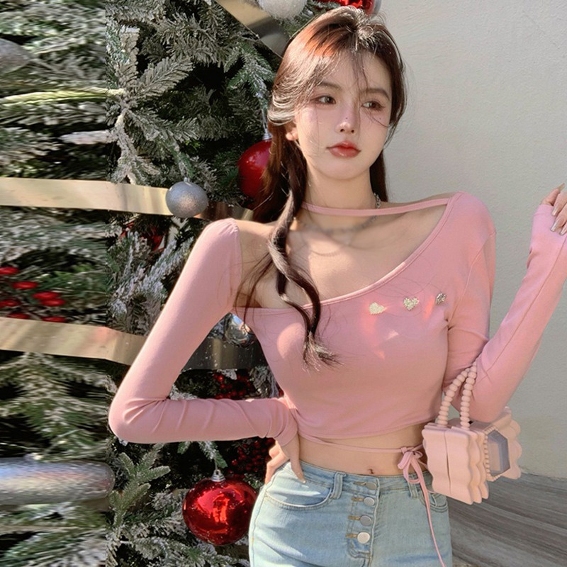 Áo Thun Croptop Tay Dài Màu Sắc Đơn Giản Thiết Kế Lệch Tà Quyến Rũ Thời Trang Cho Nữ