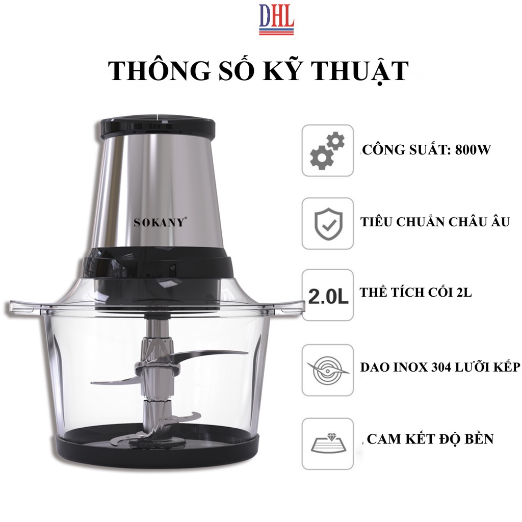 Máy xay đa năng, máy xay thịt SOKANY LB7004A  2.0L cao cấp chính hãng tặng kèm lưỡi dao xay 2L