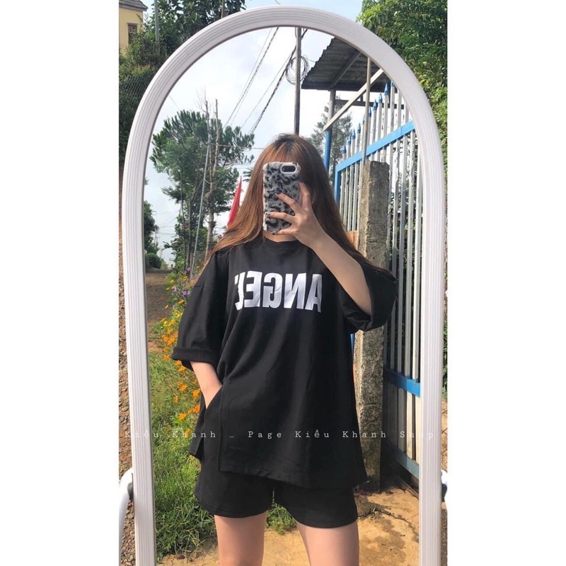 Bộ Đồ Mặc Nhà,sét đồ nữ mặc nhà ANGEL áo thun tay lỡ xẻ tà kèm quần short đùi dáng rộngt thể thao basic