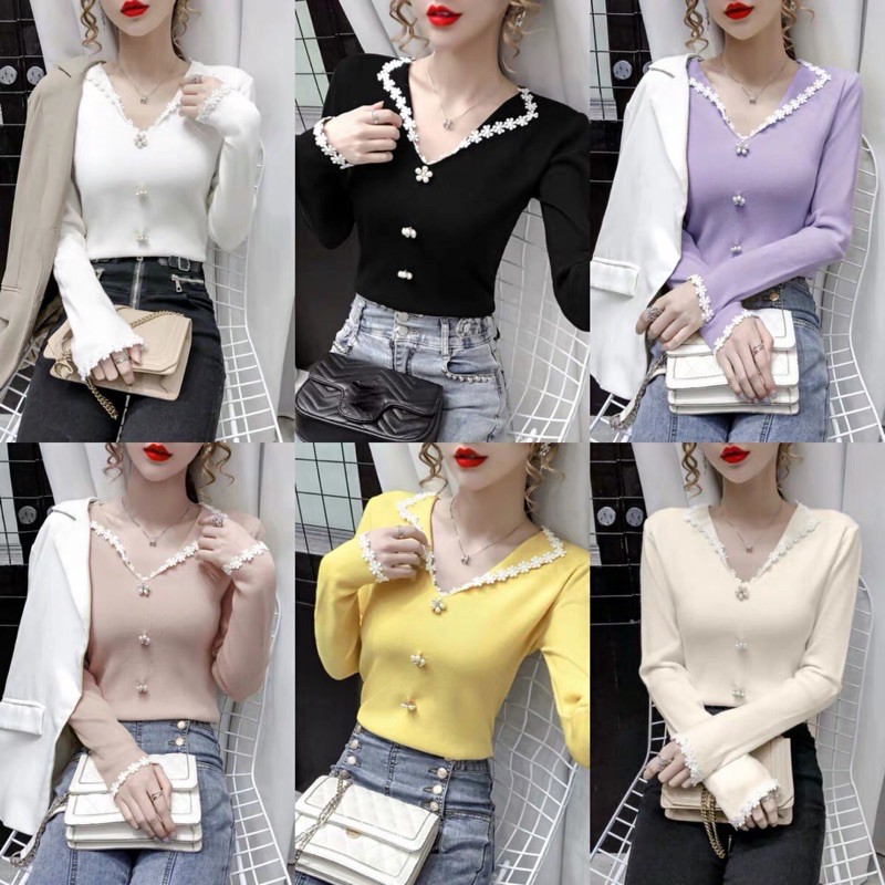 Áo nữ dài tay cổ bẻ pha ren hoa | BigBuy360 - bigbuy360.vn