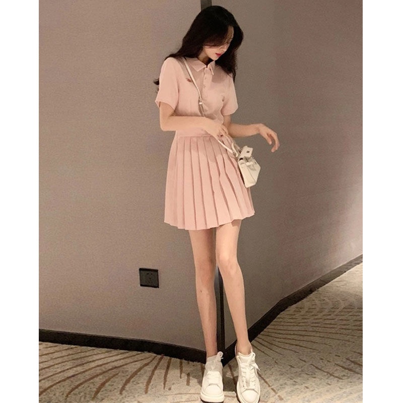 2022 summer new small pleated skirt children's summer design sense of minority young polo collar pink dress