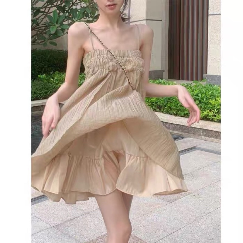 Set váy hai dây tơ kèm cadigan trơn tông nâu hiện đại