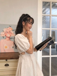 Váy cổ u rút dây eo- hàng kèm video thật