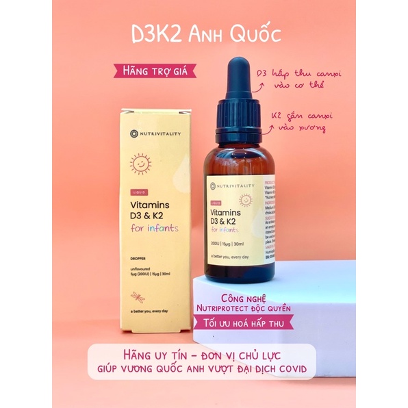 Vitamin D3 K2 MK7 Của Anh Quốc Dạng Giọt, Tăng Chiều Cao Cho Trẻ Sơ Sinh Và Cho Bé - 30ml Mẹ Rofi