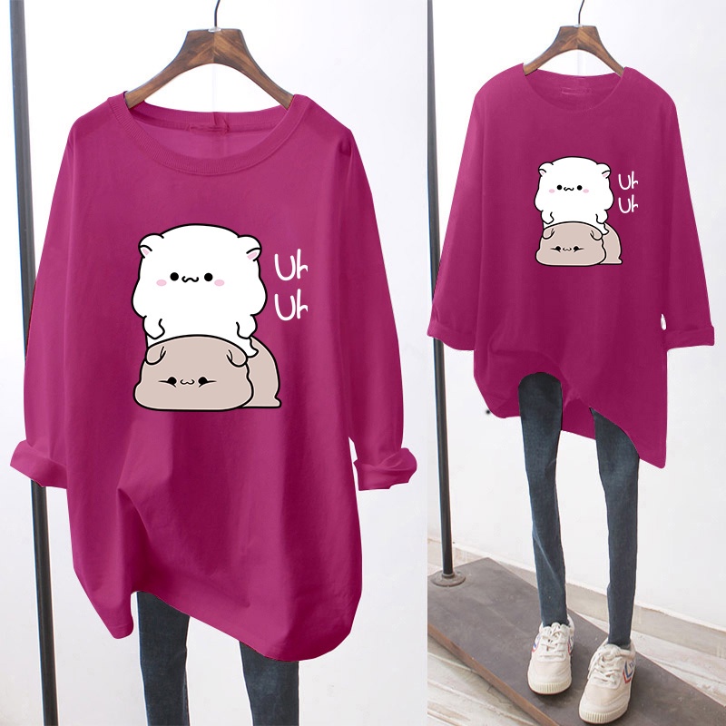 NRVP Áo thun nữ tay dài cổ tròn dáng rộng in hình hoạt hình size lớn 5xl