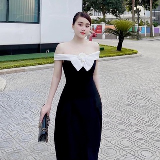 Đầm trễ vai phối nơ kèm hoa ,váy trễ vai phối đen trắng tiểu thư