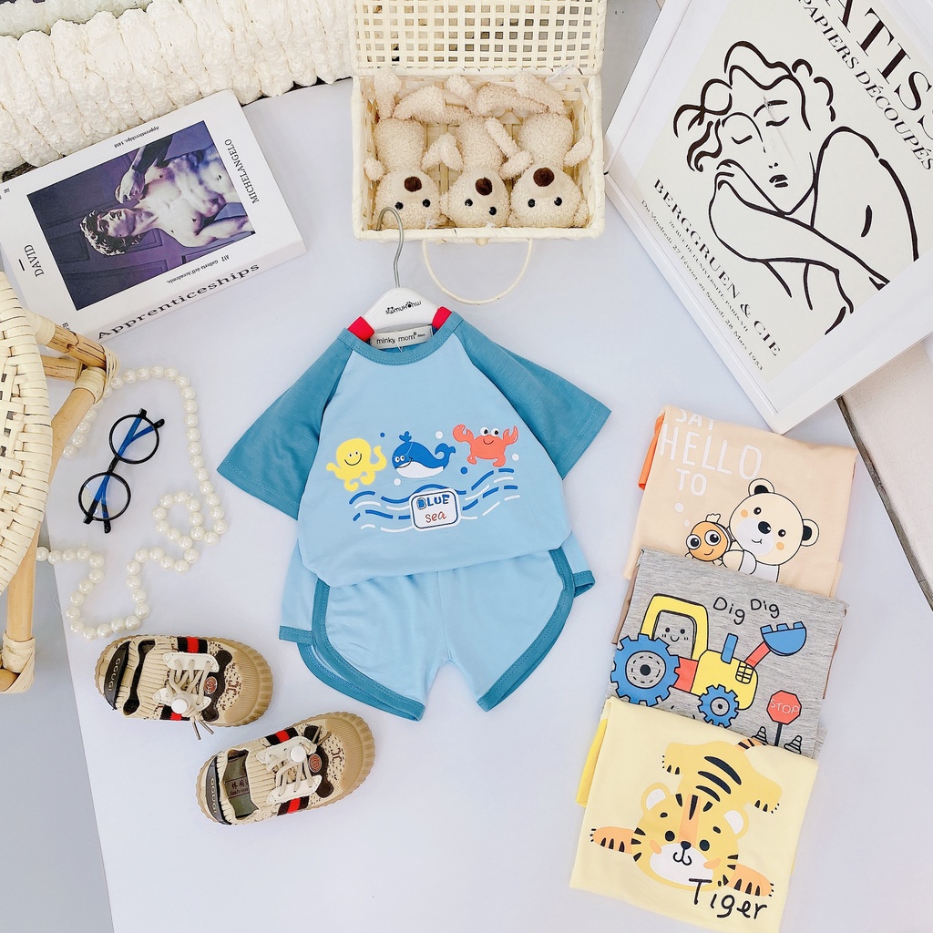 Bộ Cộc Tay Bé Trai, Bé Gái Minky Minky Mom Vải Thun Lạnh In Hình Thú Đáng Yêu, Bộ Quần Áo Cho Bé Mặc Nhà TNTHU1