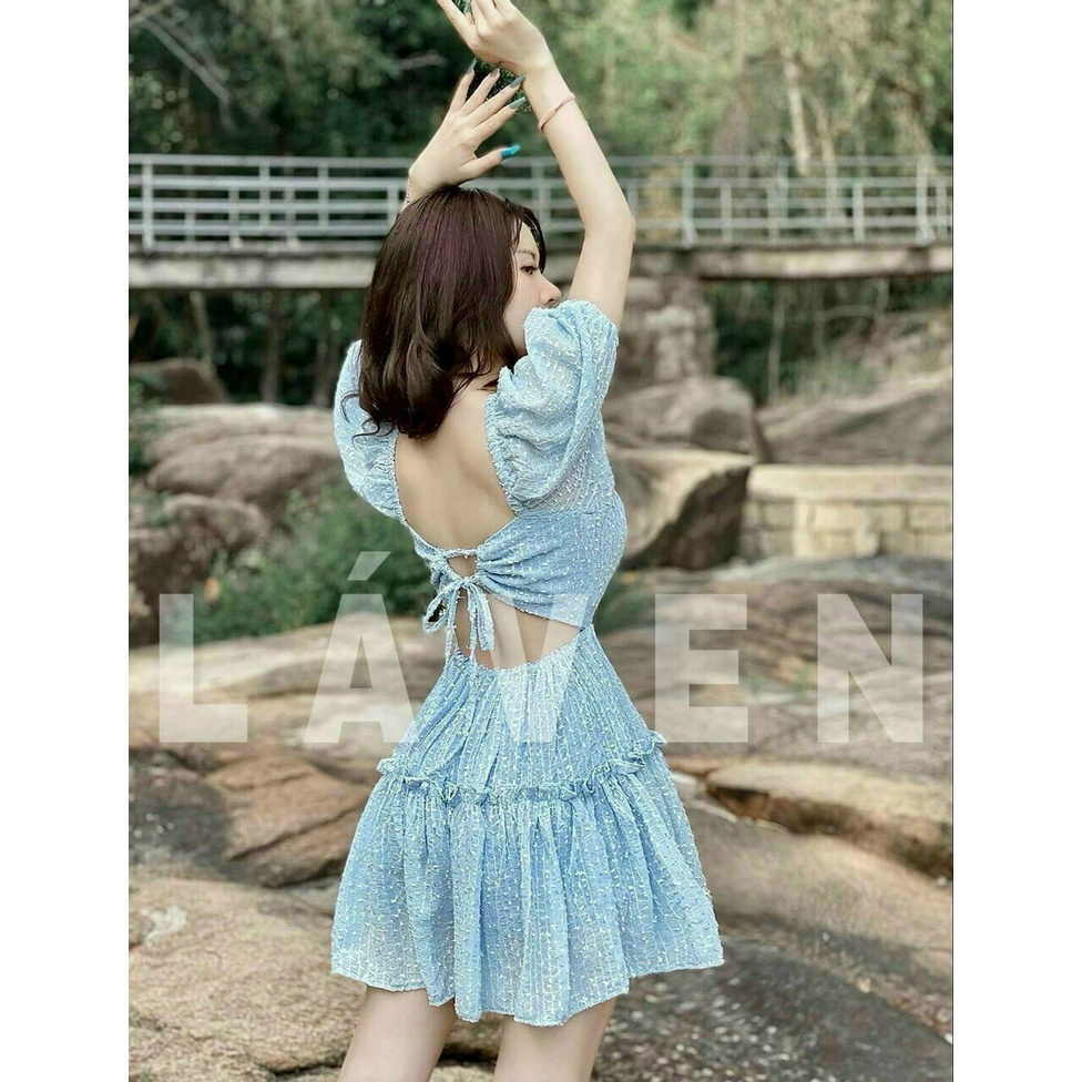 Đầm xòe tay phồng rút dây lưng tiểu thư chất xốp chỉ thái siêu đẹp_vay xop xoe