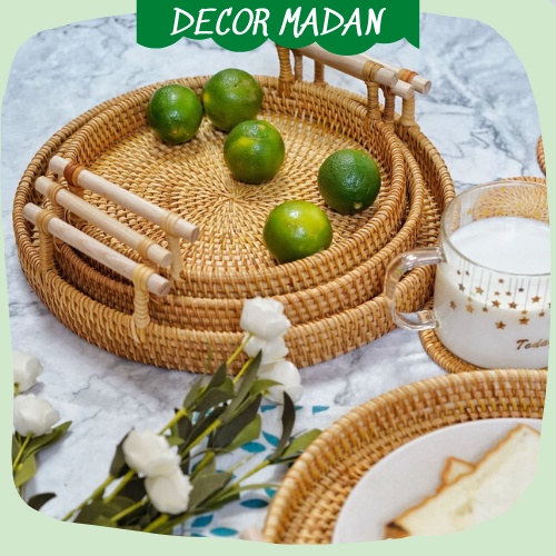 Khay Mây Tròn có Tay Cầm Đựng Đồ Ăn , Khay Mây Trang Trí Bộ 3 Size 22-24-28cm - MADAN